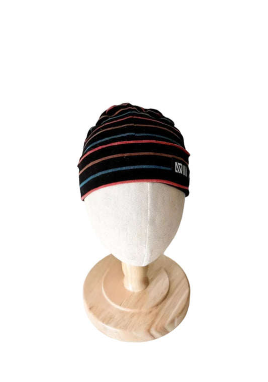 Bonnet Nano 6-12 mois noir à rayures rose et bleu, bord côtelé
