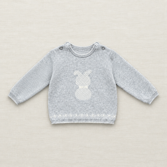 Chandail Mayoral gris bébé, col rond, manches longues, motif lapin devant et pressions épaules
