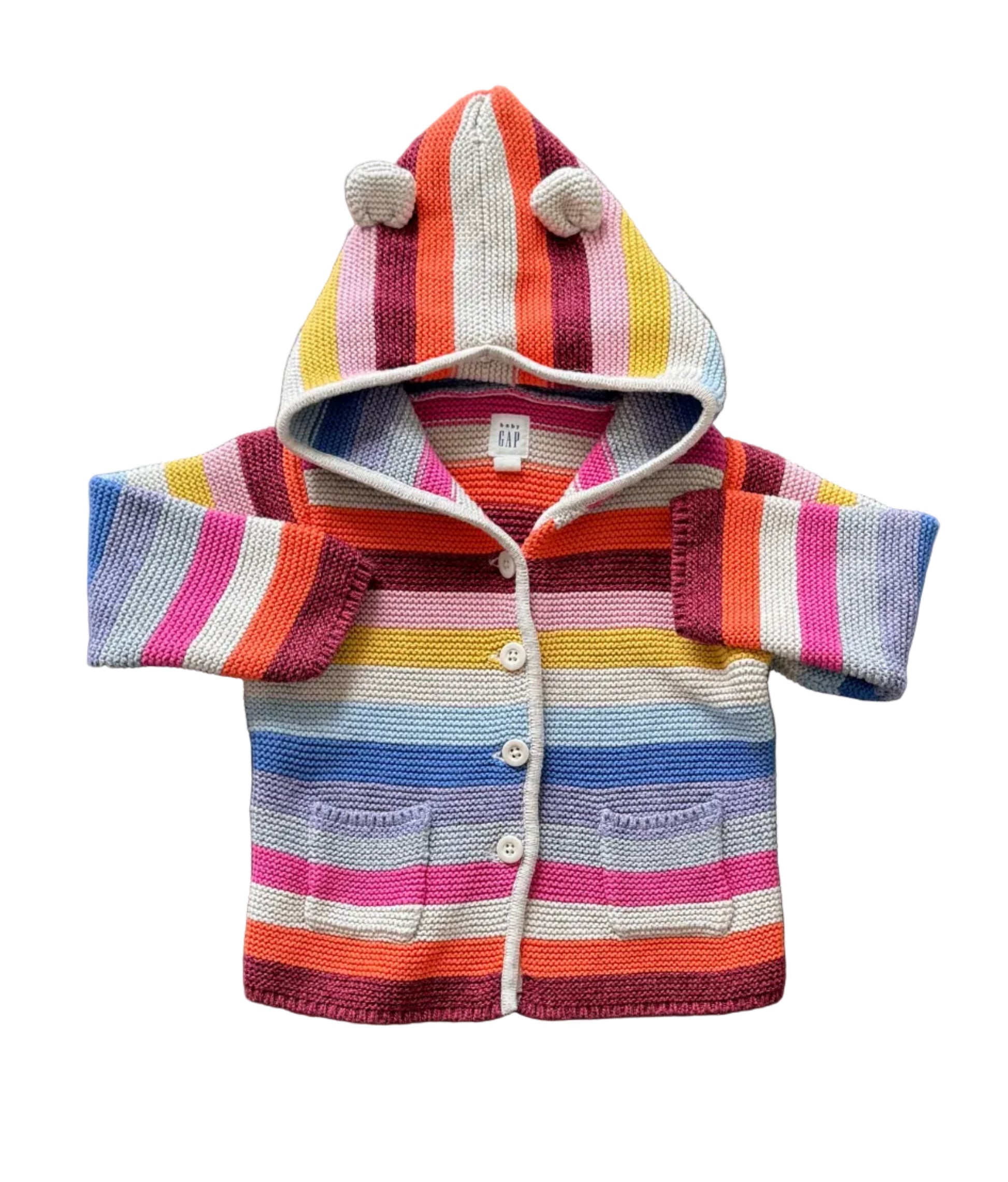Veste bébé 12-18 mois à capuche, rayée multicolore, fermeture boutonnée, poches