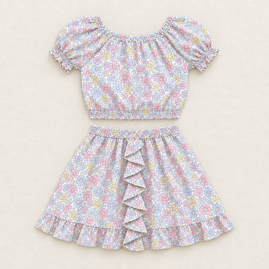 Ensemble 2 pièces fille : blouse manches courtes fleurs pastel et jupe à volants