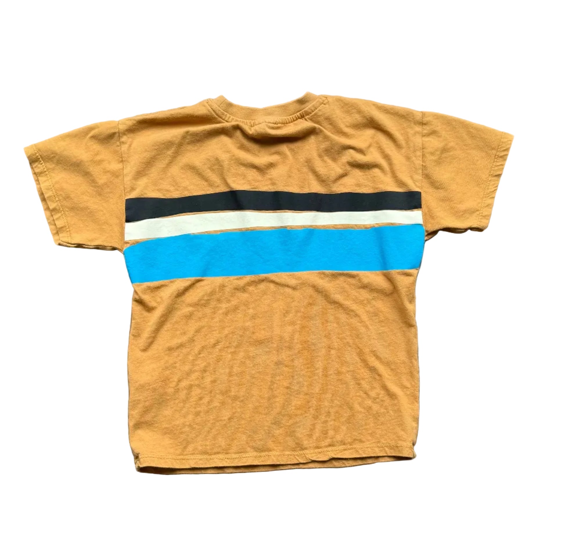 T-shirt enfant jaune moutarde avec bande bleue horizontale, manches courtes
