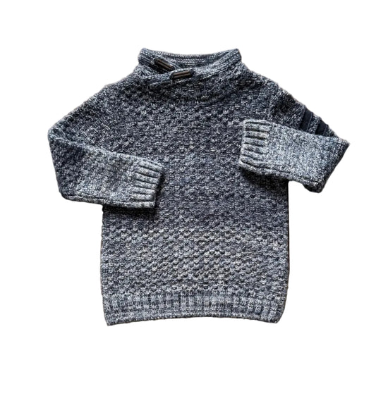 Chandail en tricot bleu chiné pour 4 ans, col montant boutonné, manches longues, poches