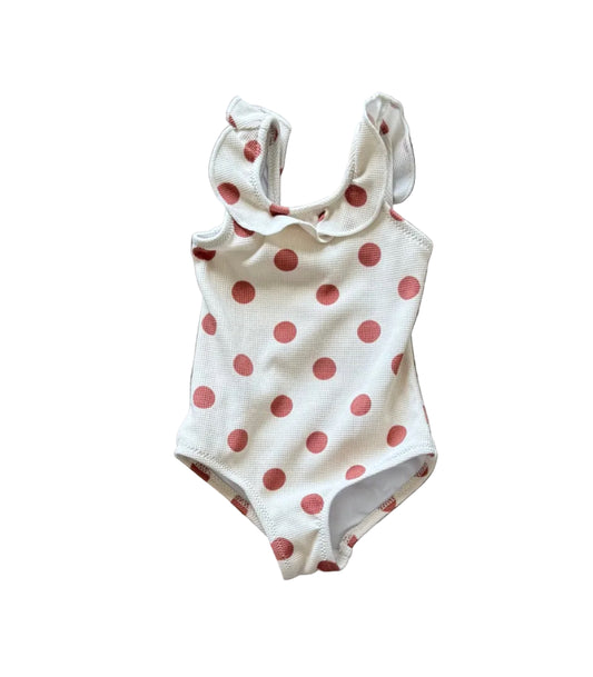 Maillot 12-24 mois blanc à pois roses et rouges, col volant, une pièce.