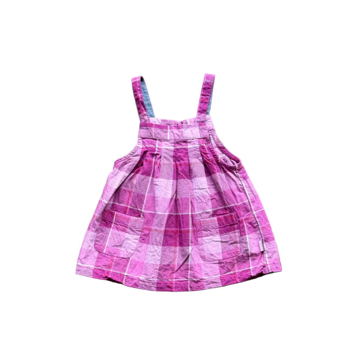 Robe bébé à carreaux rose et violet, bretelles, évasée, 12–18 mois