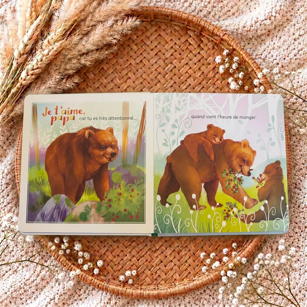 Livre illustré ouvert, ours marron et texte « Je t’aime, papa »