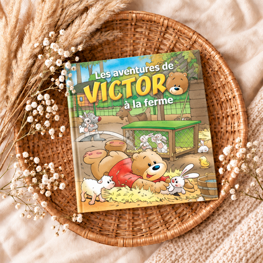 Livre illustré pour enfants « Les aventures de Victor à la ferme », couverture couleur.