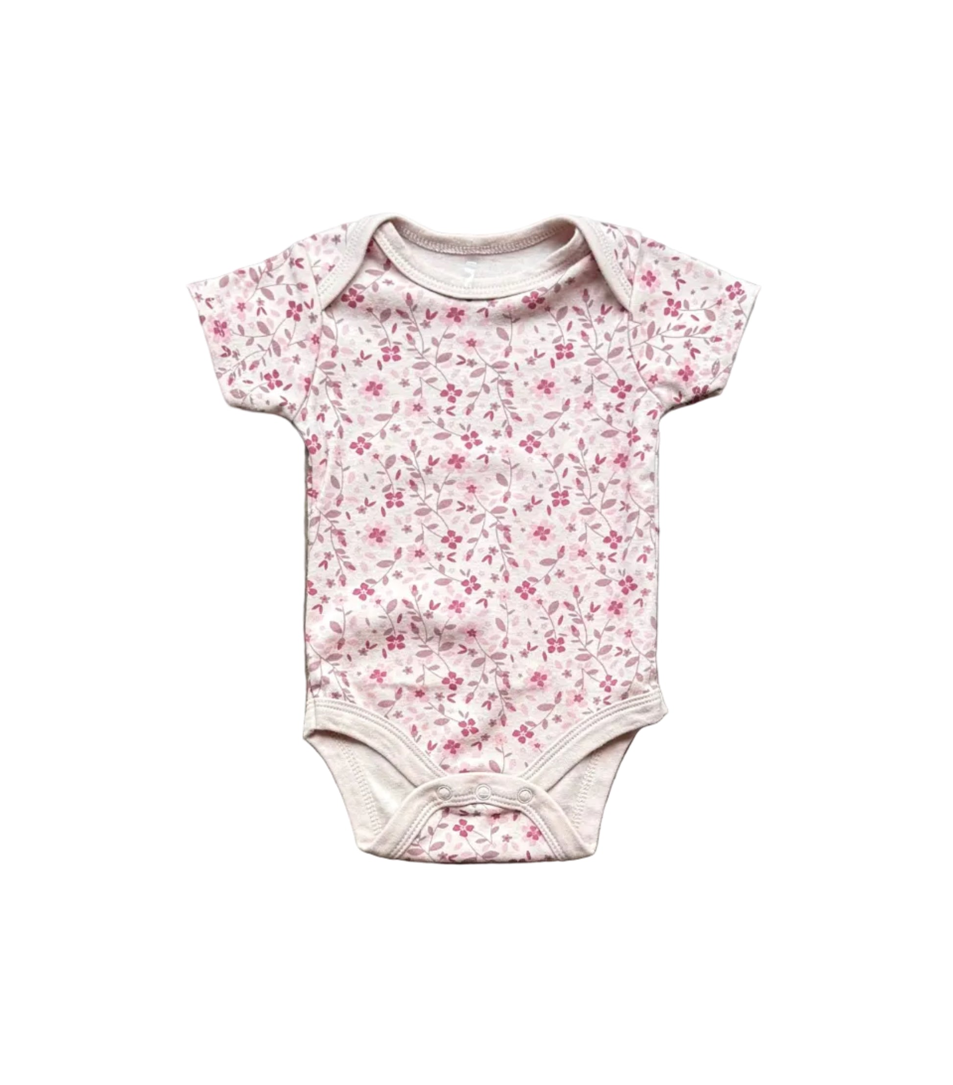 Body bébé 3-6 mois à manches courtes, blanc cassé, motifs fleuris roses et rouges
