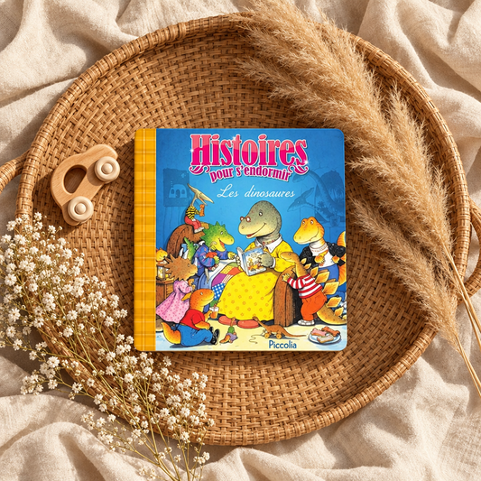 Livre pour s’endormir (français) à couverture illustrée de dinosaures
