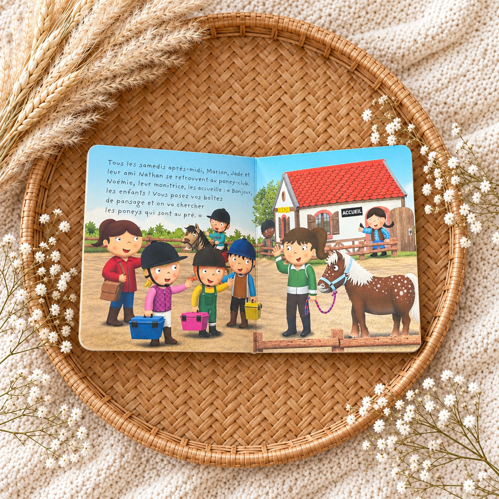 Livre pour enfants, page illustrée avec enfants et poney près d’une écurie