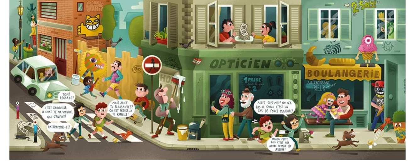 Illustration du livre : rue animée avec vitrine « Opticien » et « Boulangerie »