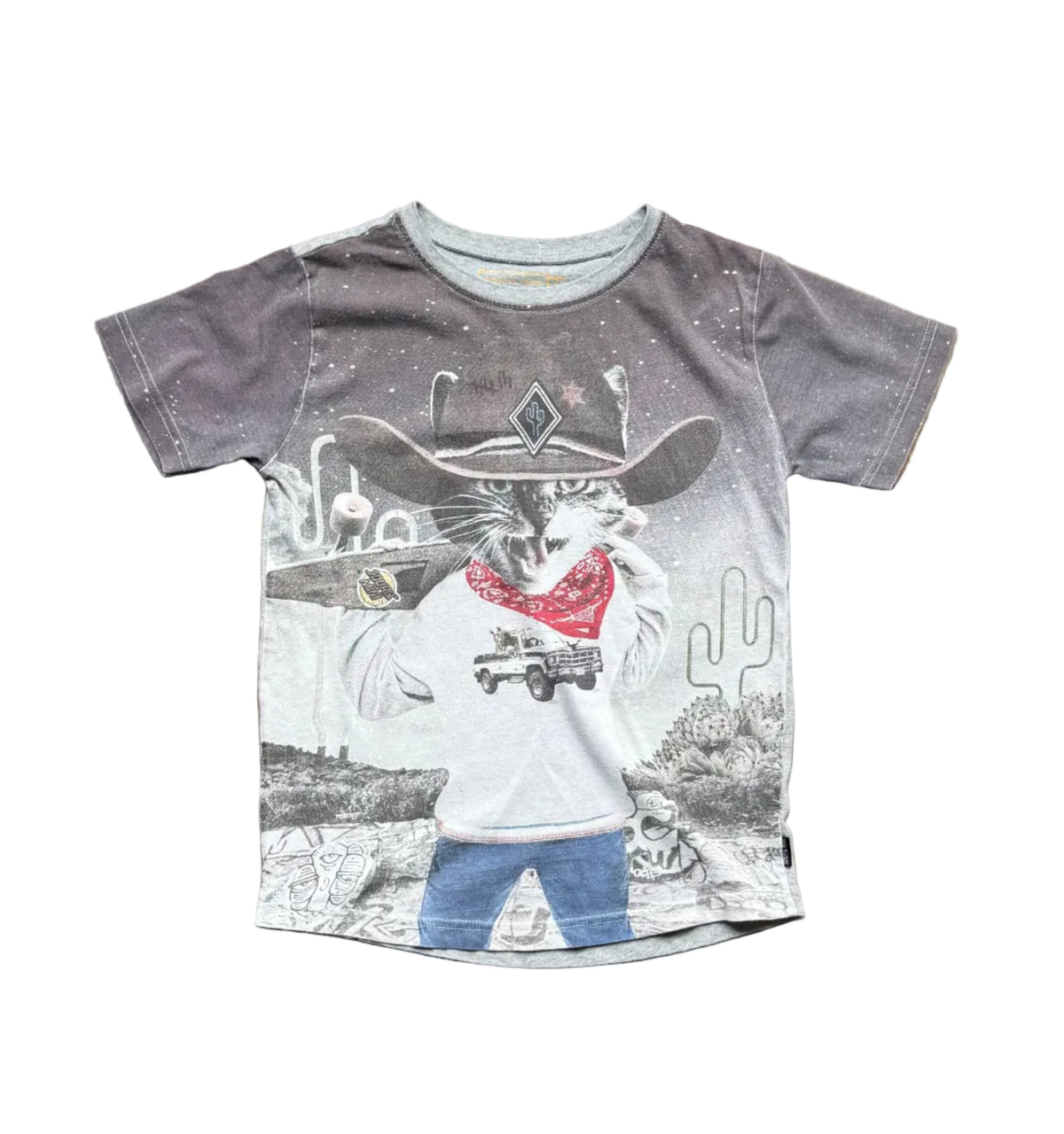 T-shirt enfant 7 ans gris chiné avec motif souris cow-boy et détails western sur le devant