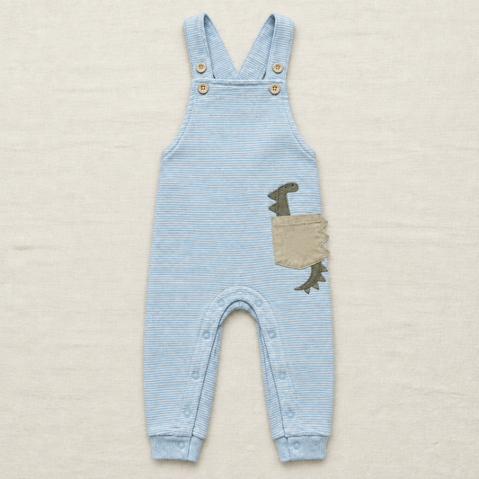 Salopette bébé rayée bleu à bretelles, motif dinosaure, poches 18 mois