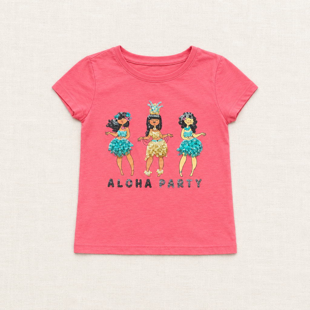 T-shirt Kiabi enfant rose framboise, col rond, imprimé « Aloha Party » et 3 personnages