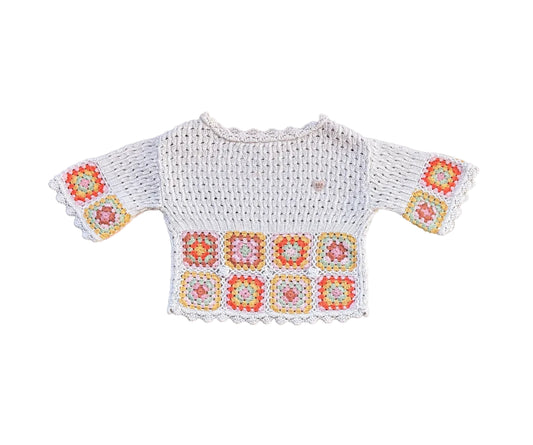 Chandail bébé en tricot crème, manches longues côtelées, patchs carrés multicolores devant