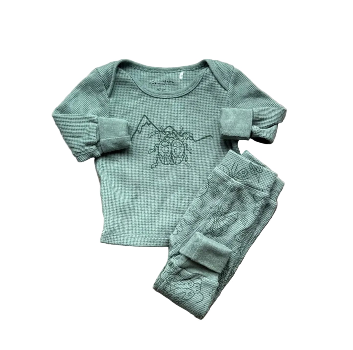 Ensemble bébé 9-12 mois vert : body manches longues et pantalon à imprimé