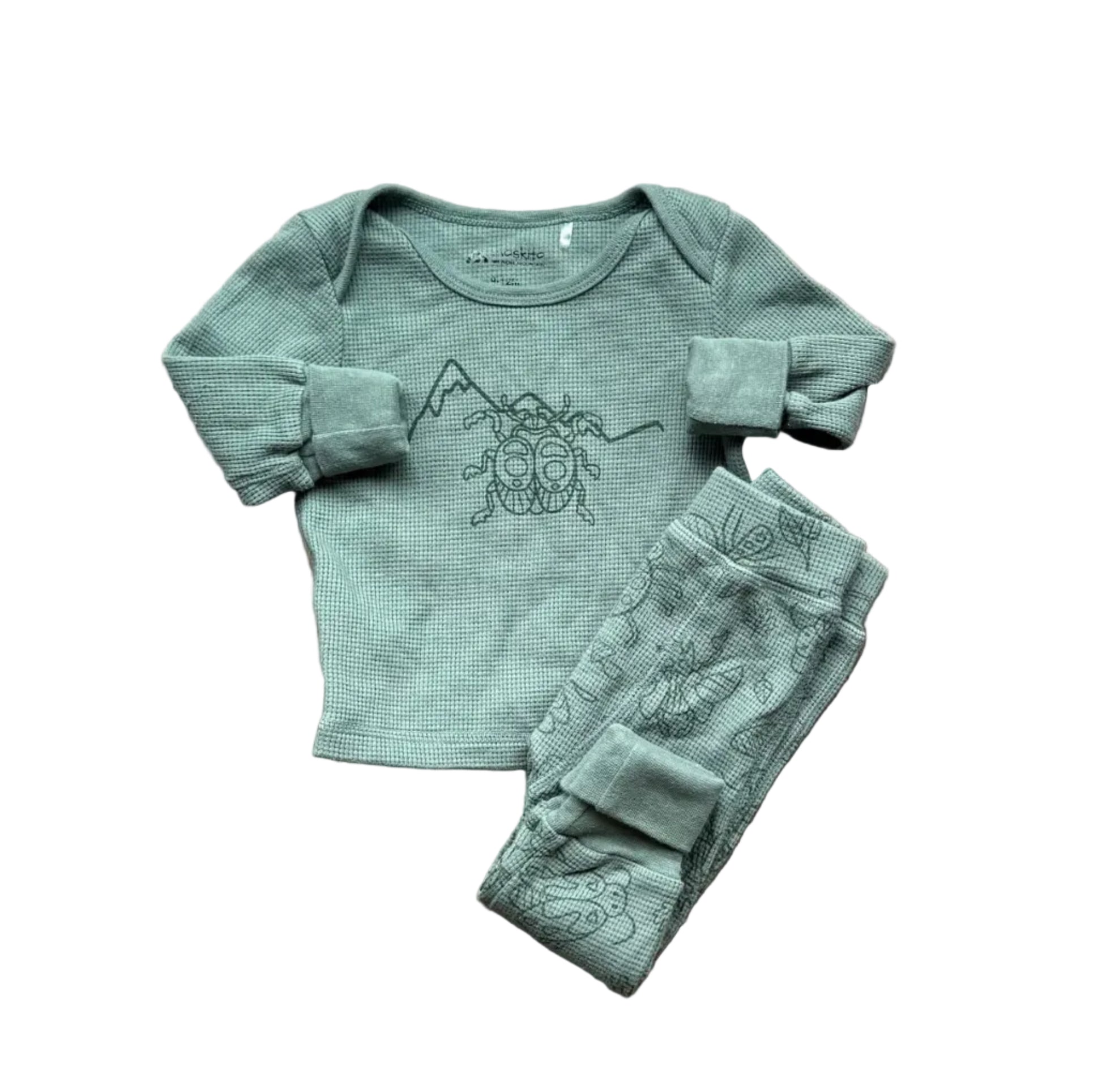Ensemble bébé 9-12 mois vert : body manches longues et pantalon à imprimé