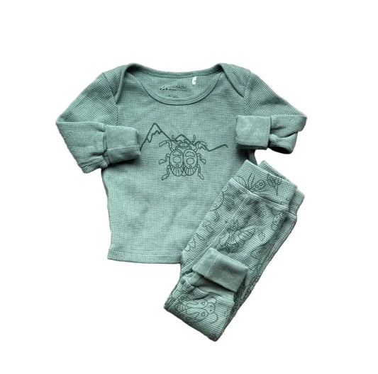Ensemble bébé 9-12 mois vert : body manches longues et pantalon à imprimé
