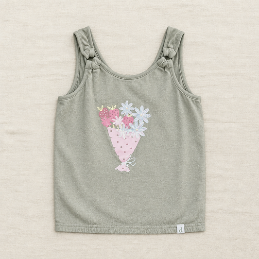 Camisole Deux par Deux vert kaki à bretelles nouées, imprimé cœur fleuri, 6 ans