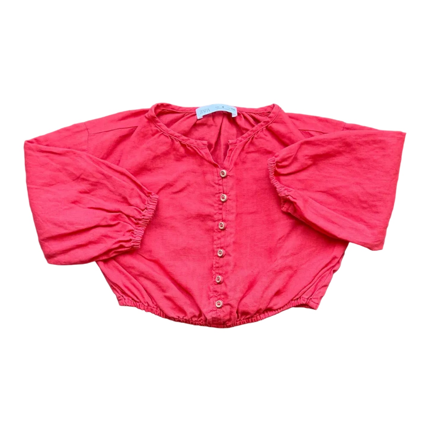 Chemise fille 6 ans orange rouge, manches bouffantes, boutons devant