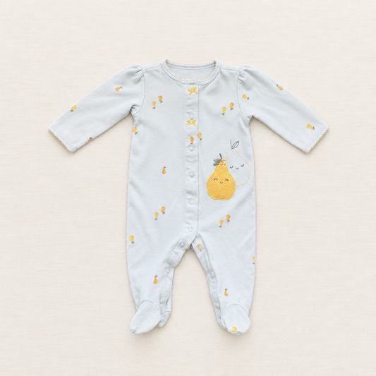 Pyjama bébé Carter’s 3 mois bleu clair à motifs fruits, grenouillère boutonnée