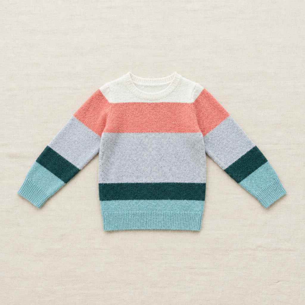 Chandail tricot rayé pour enfant 6 ans, manches longues, bandes corail, gris et vert foncé