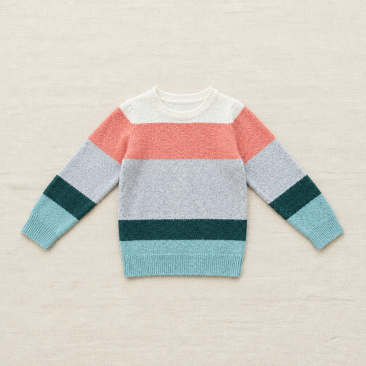 Chandail tricot rayé pour enfant 6 ans, manches longues, bandes corail, gris et vert foncé