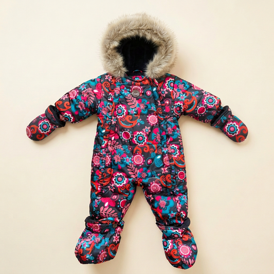 Combinaison bébé 6 mois à capuche doublée fourrure, motif floral multicolore
