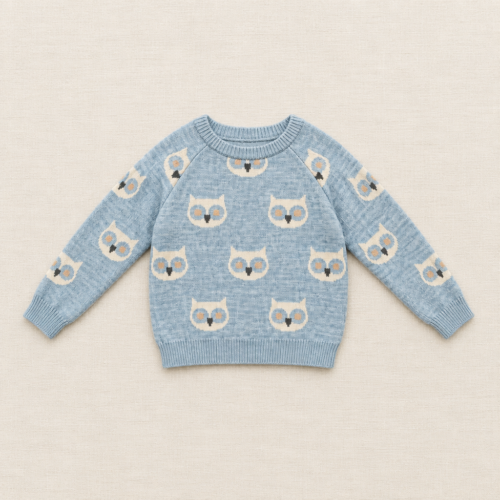 Chandail bébé Blumind bleu clair, motif hiboux, manches longues côtelées, 3 ans