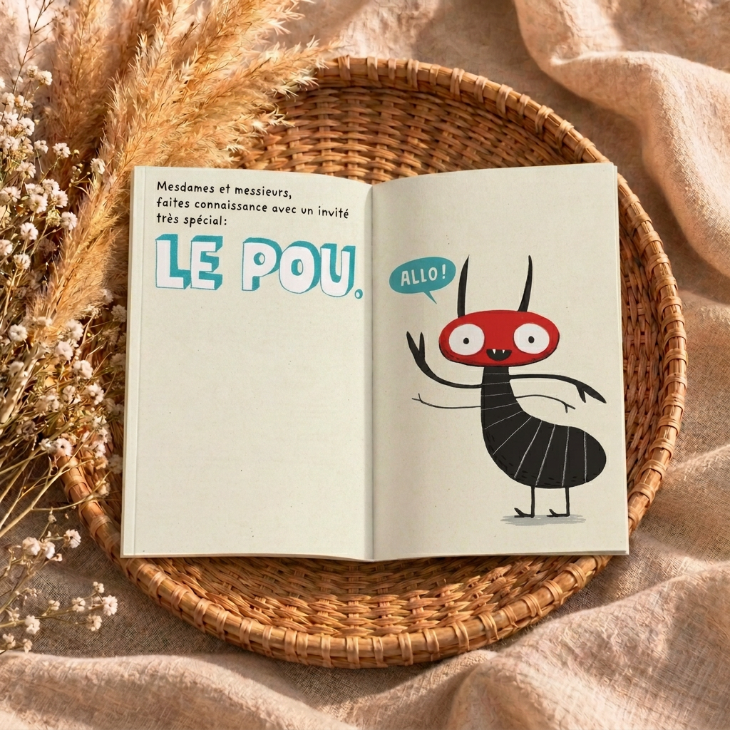 Livre « Le Pou » ouvert : pages illustrées avec texte « Mesdames… » et personnage rouge.