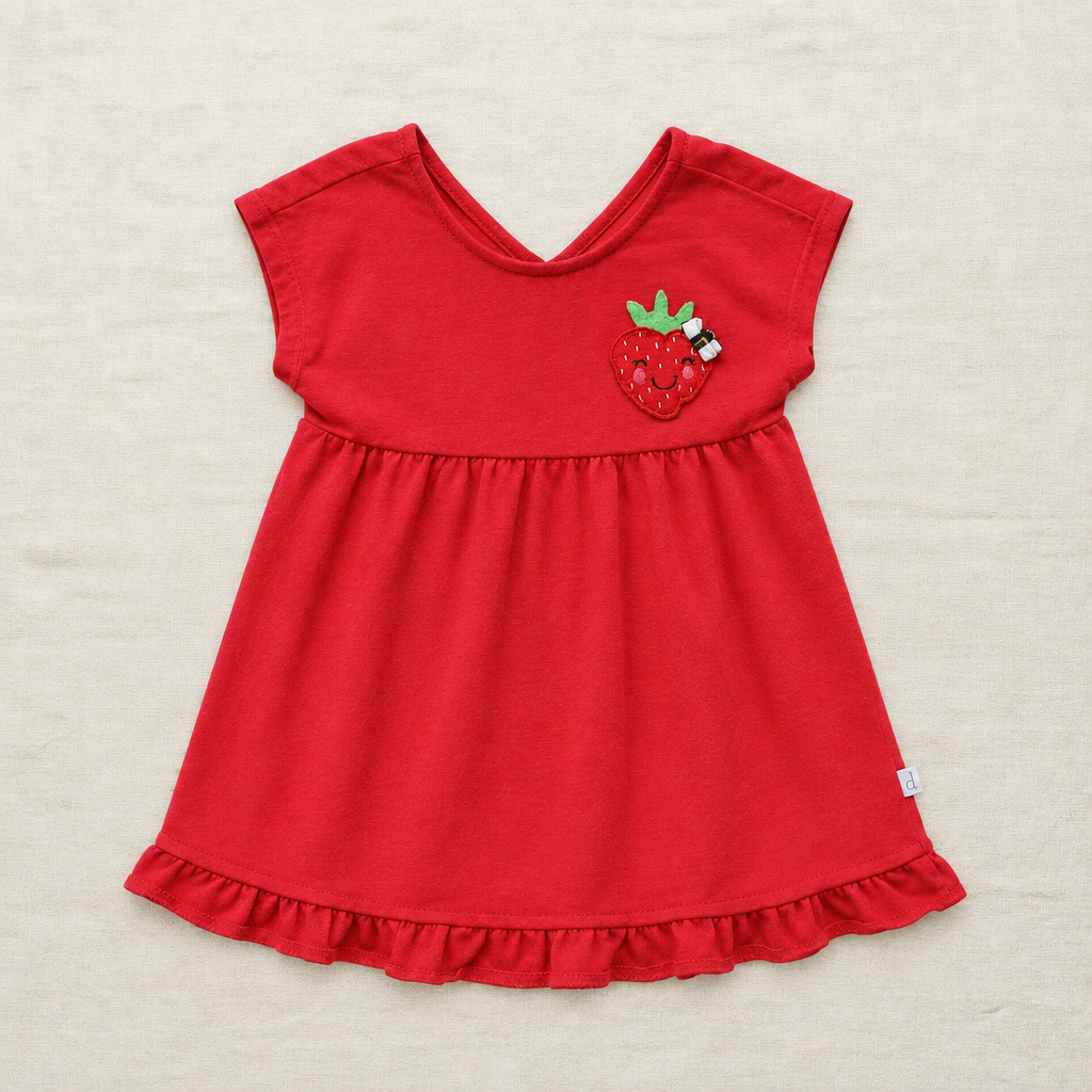 T-shirt Deux par Deux rouge à volants et appliqué fraise sur le devant