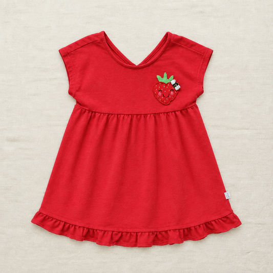 T-shirt Deux par Deux rouge à volants et appliqué fraise sur le devant
