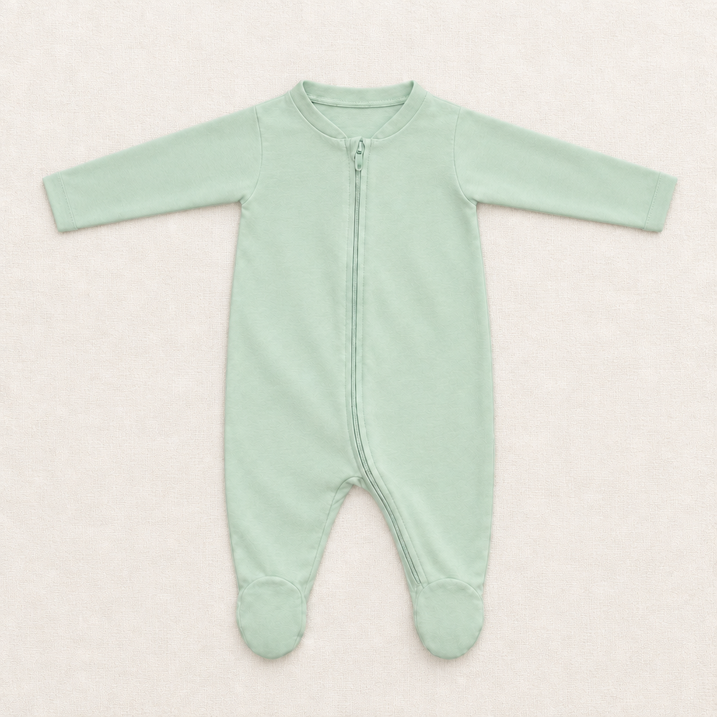 Pyjama bébé vert menthe à pieds, grenouillère zippée manches longues