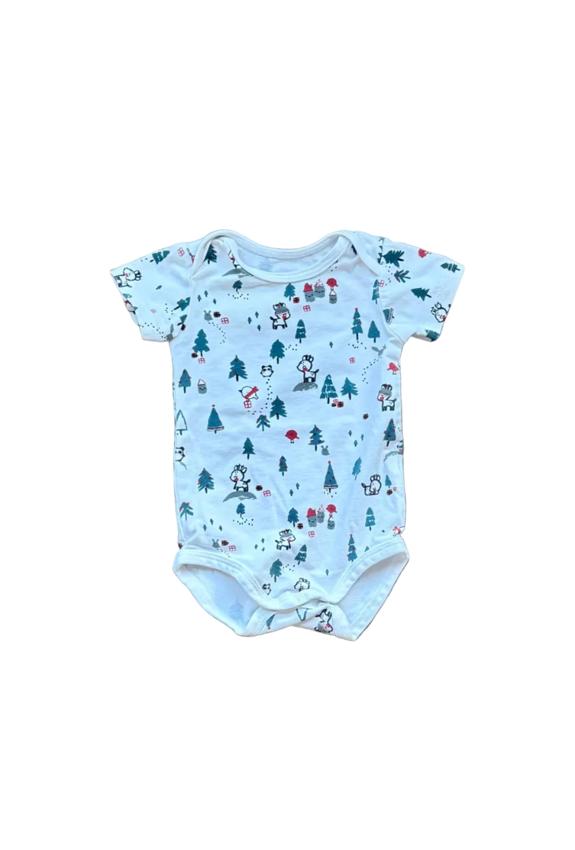 Body bébé bleu clair 3-6 mois, manches courtes, motif souris et sapins