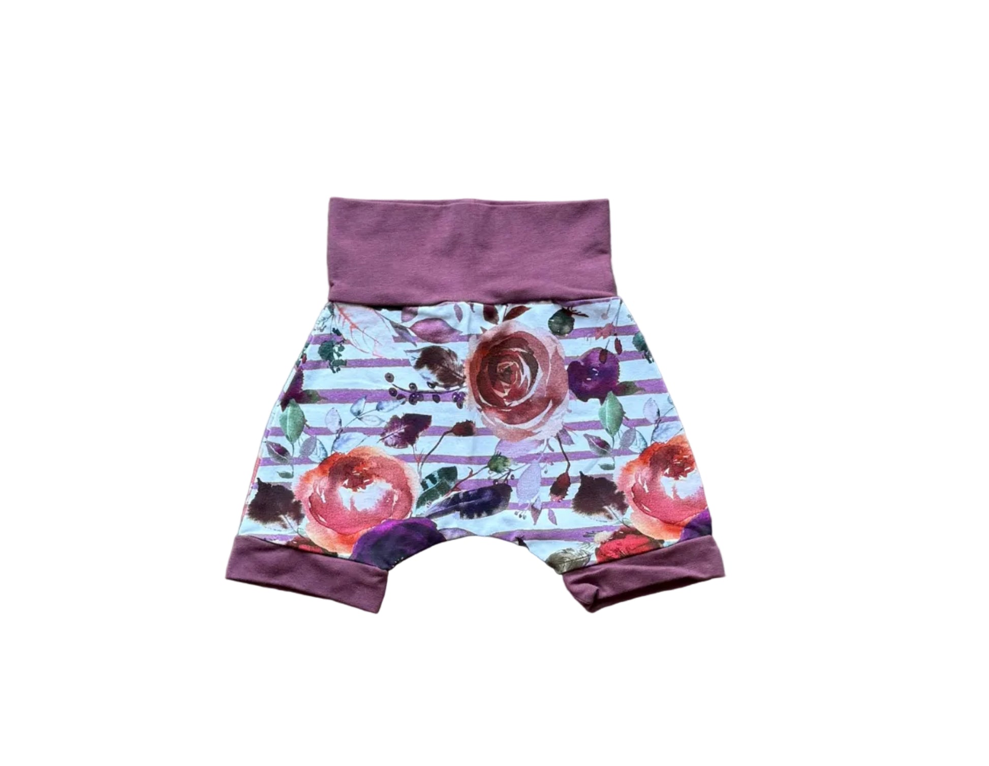 Short bébé 3–12 mois La fabrique à sourires, jersey floral avec taille violette