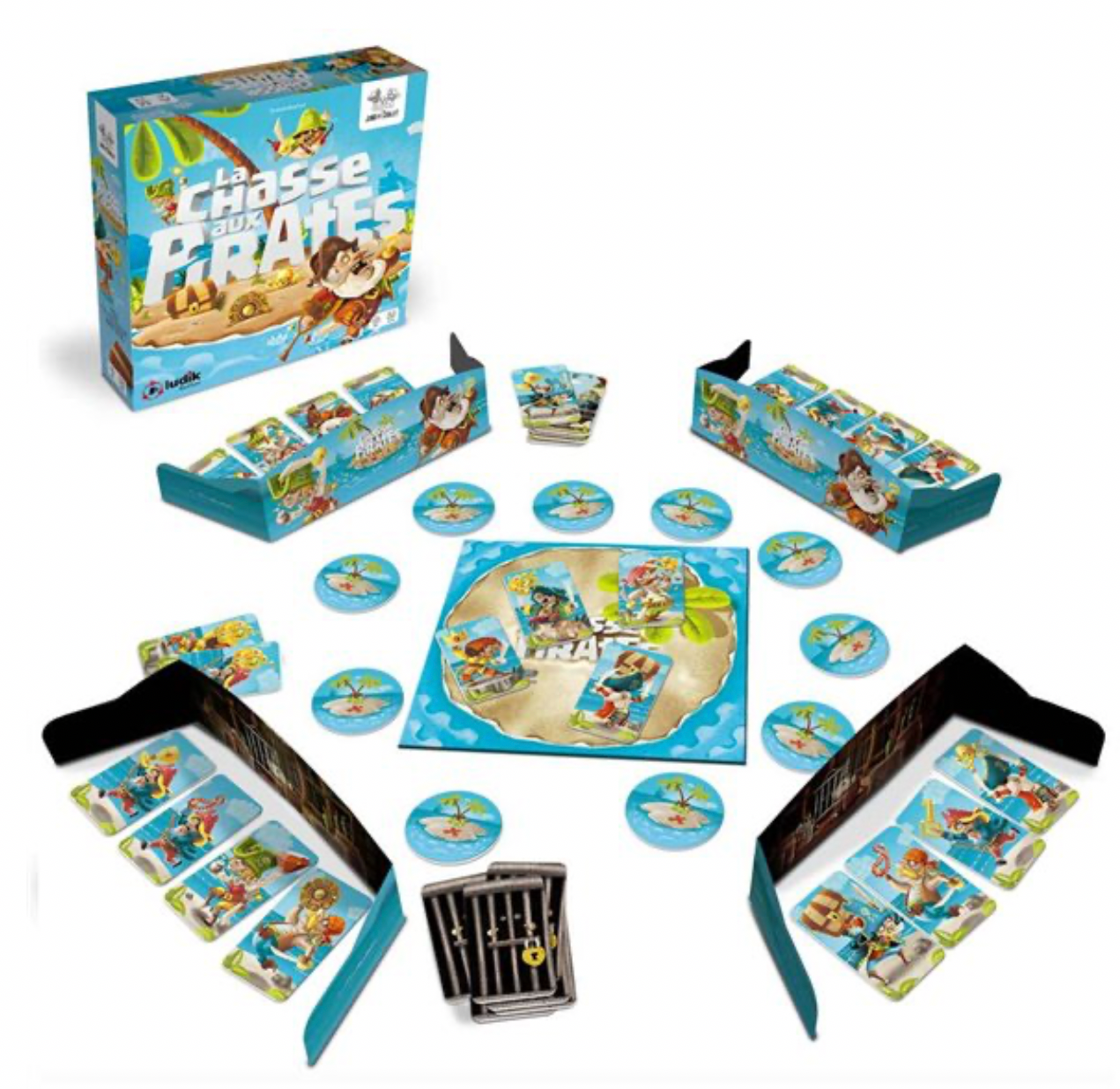 Jeu de société La chasse aux pirates avec boîte, cartes et plateau, bleu
