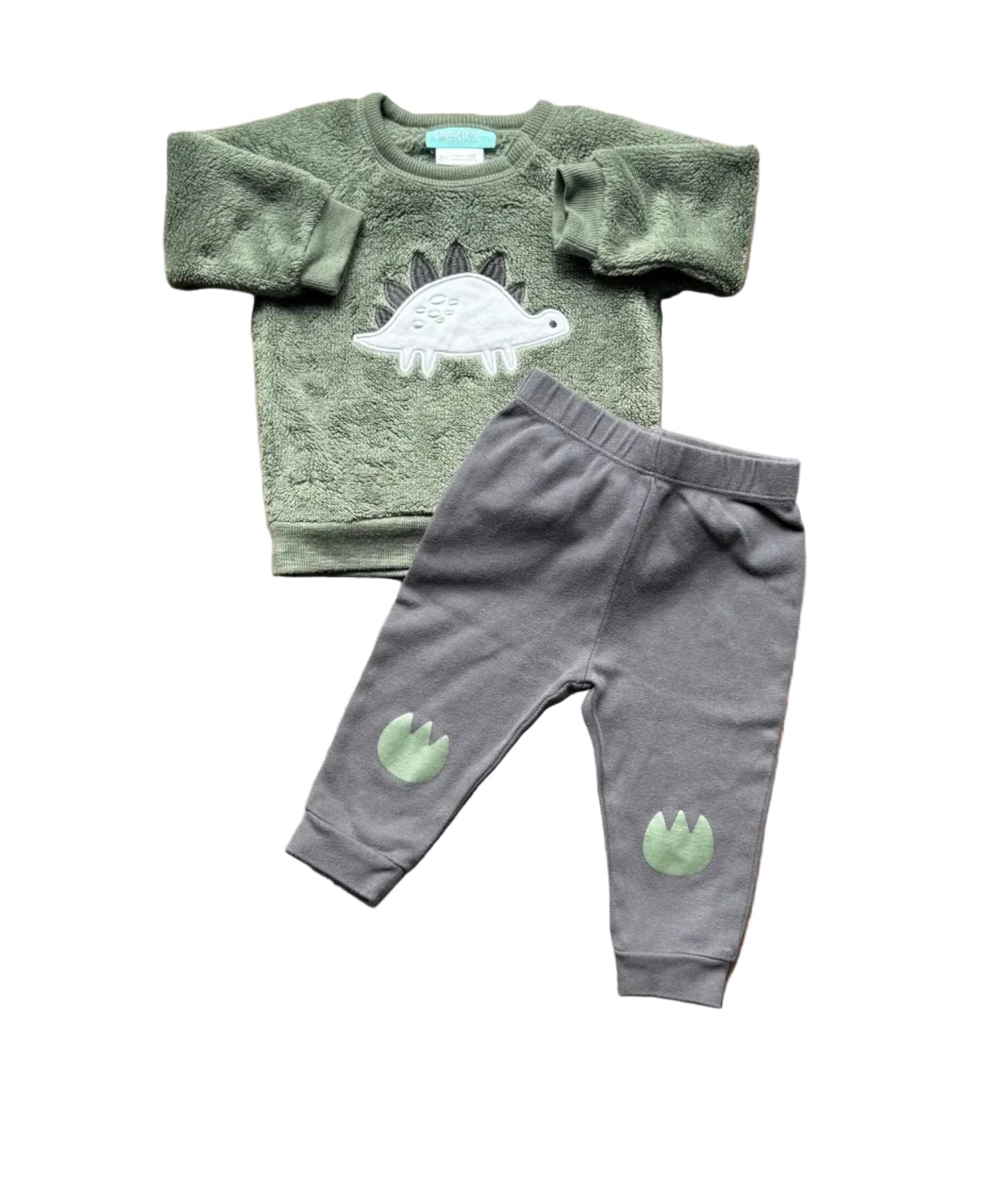 Ensemble 2 pièces 9 mois : pull vert dinosaure et pantalon gris à motifs vert