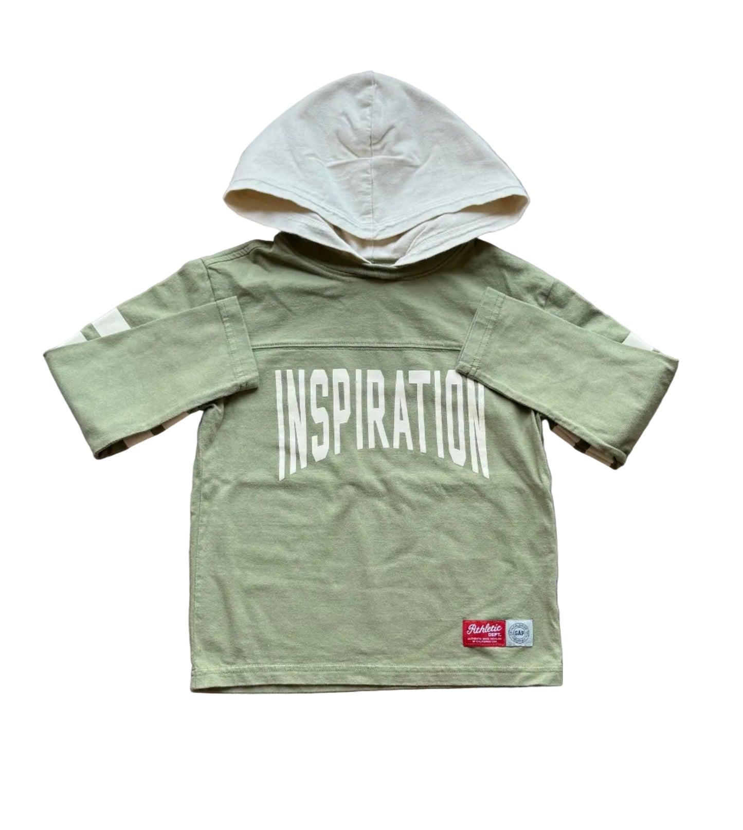 Chandail à capuchon enfant vert kaki, inscription «INSPIRATION» et poche kangourou