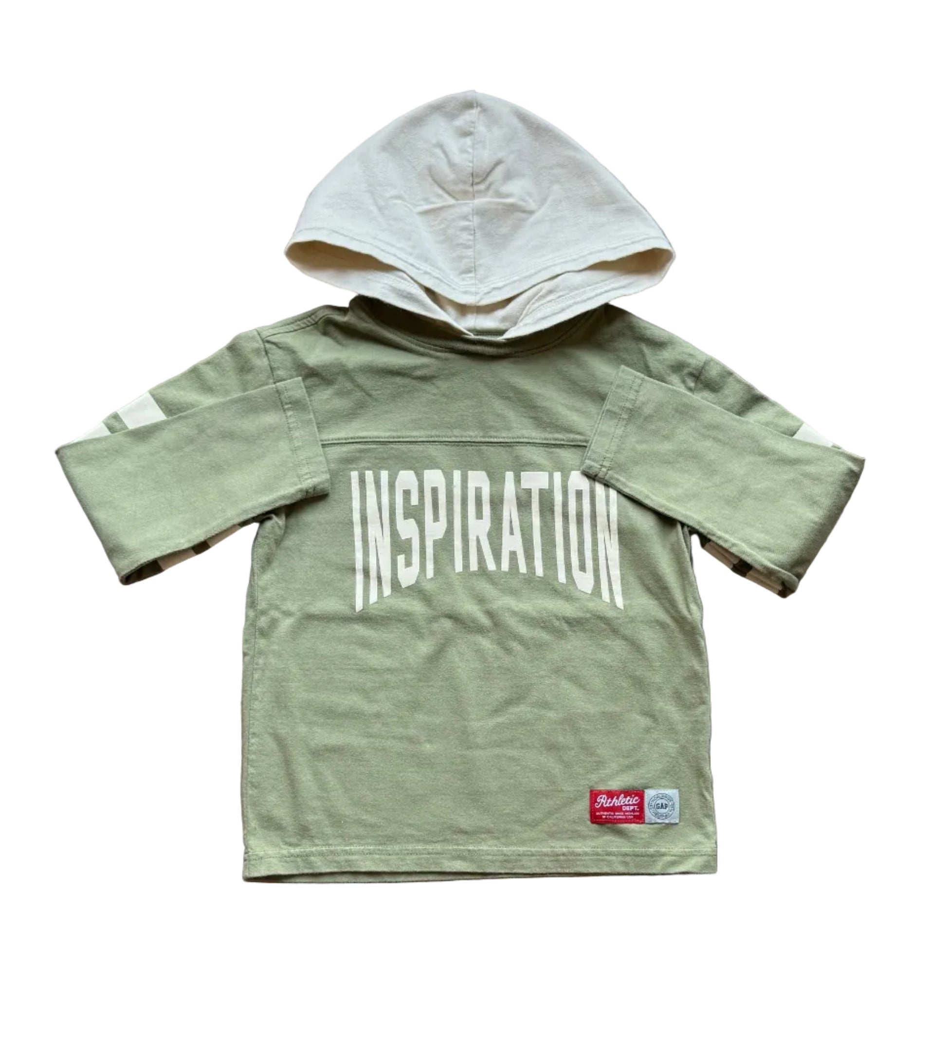 Chandail à capuchon enfant vert kaki, inscription «INSPIRATION» et poche kangourou