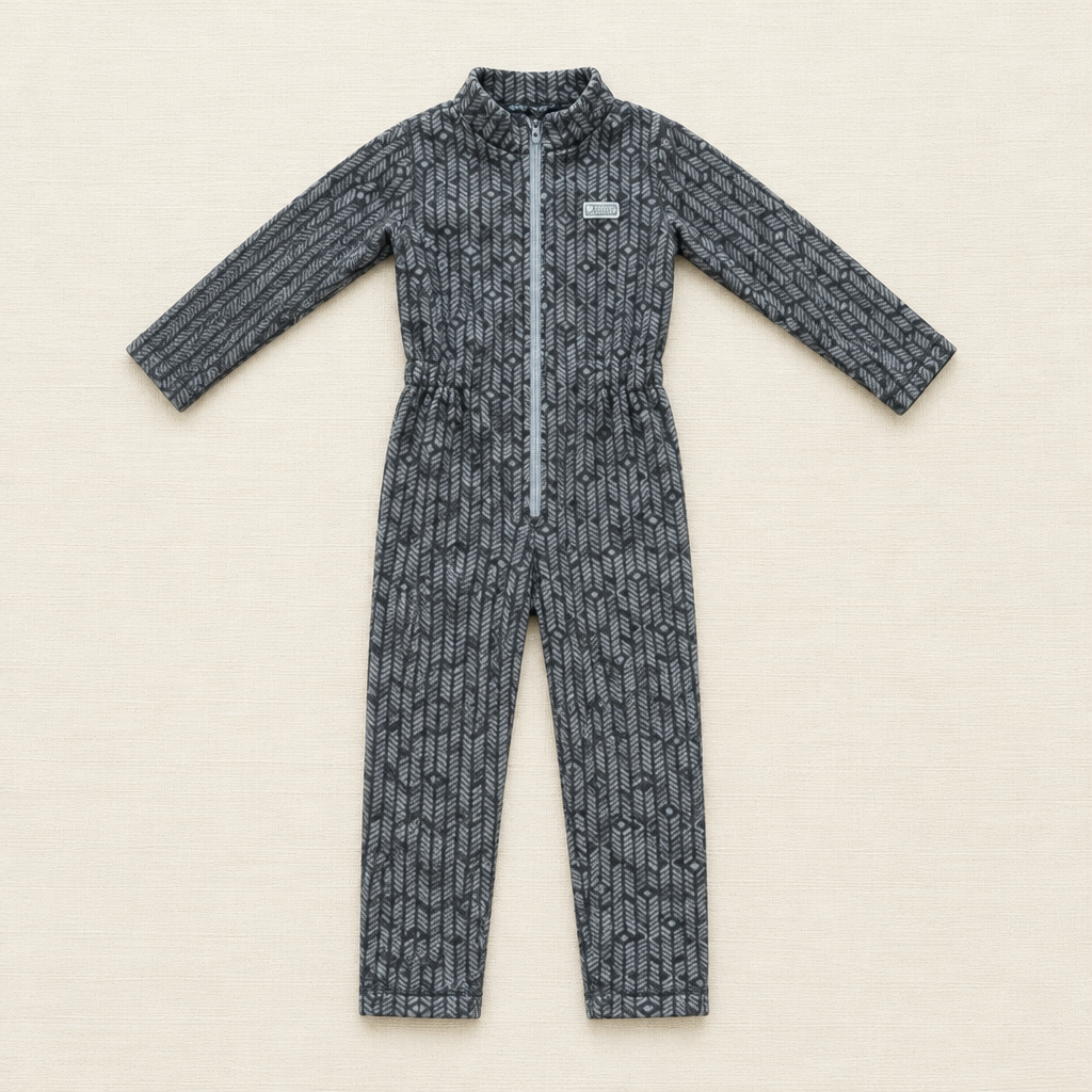Combinaison une-pièce anthracite à capuche, zip devant, manches longues, motif