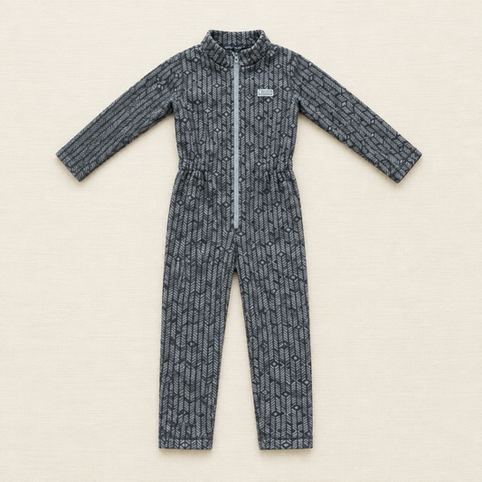 Combinaison une-pièce anthracite à capuche, zip devant, manches longues, motif