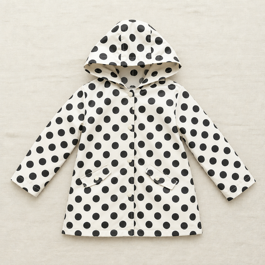 Manteau enfant blanc à capuche à pois noirs, fermeture boutonnée, poches à rabat