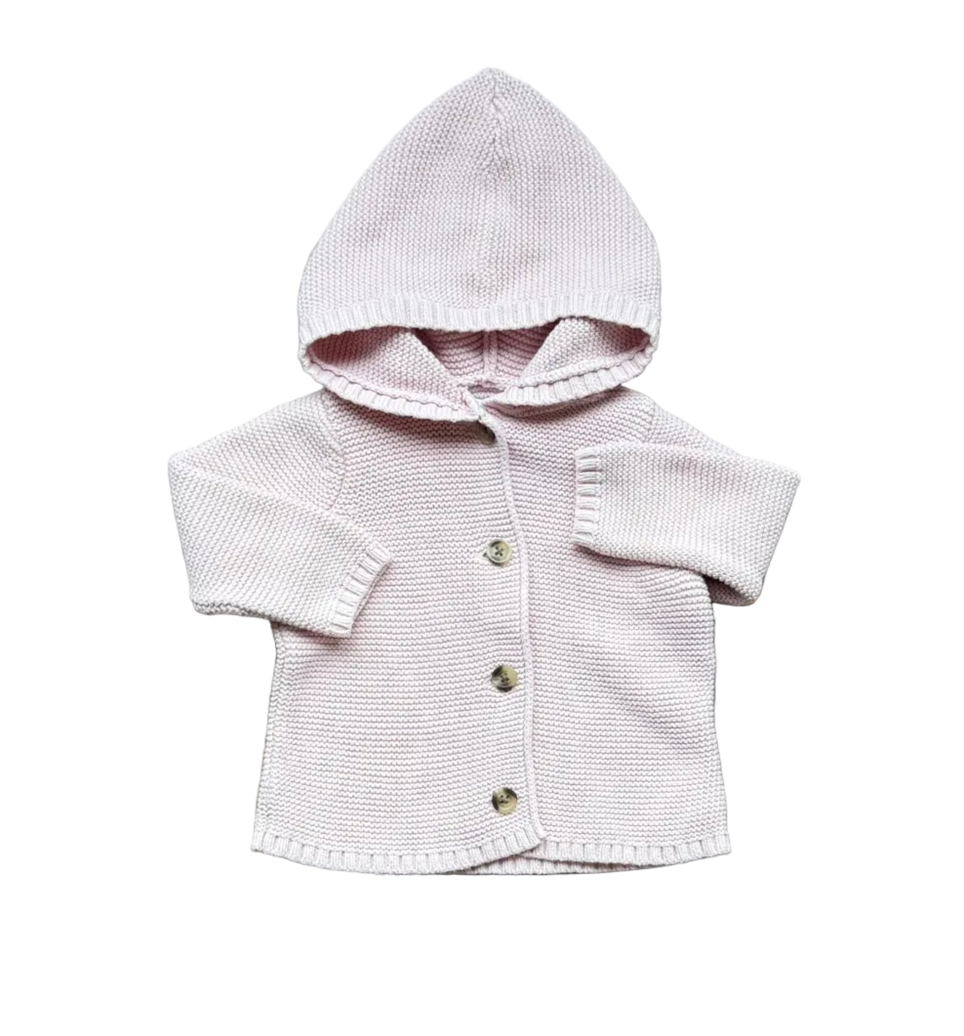 Cardigan bébé à capuche rose, fermeture boutonnée, 6-12 mois