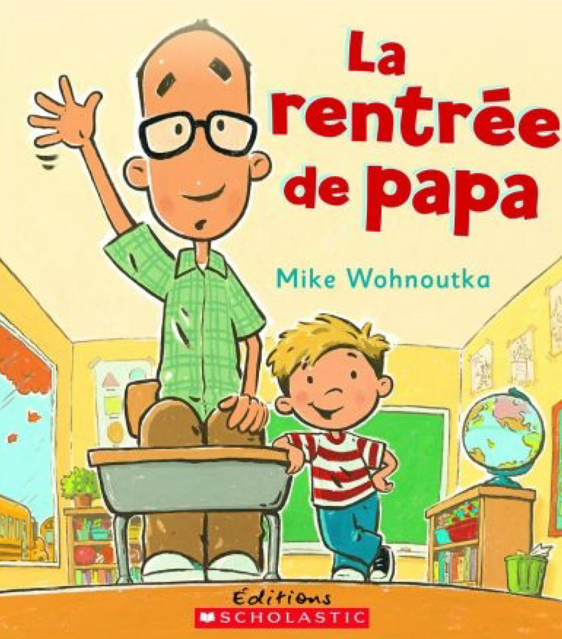 Livre La rentrée de papa : couverture illustrée, papa en chemise verte et enfant