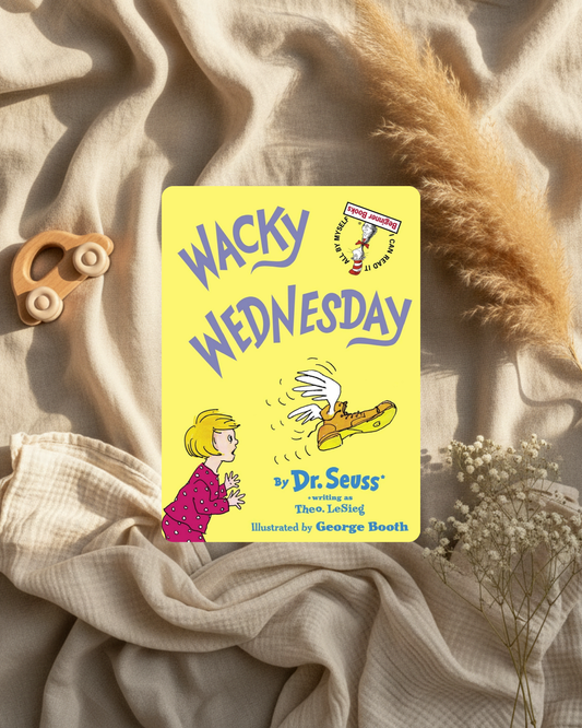 Livre Dr.Seuss Wacky Wednesday, couverture jaune avec personnages et texte en anglais.