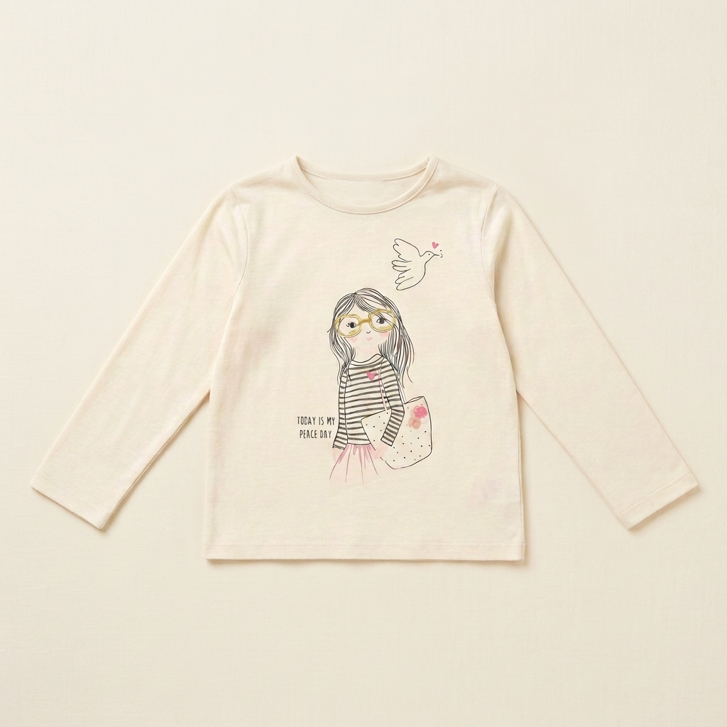 Chandail enfant crème à manches longues, illustration fille et papillon devant.