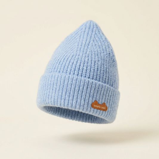 Tuque bébé tricot bleu glacier avec revers côtelé et écusson Souris mini