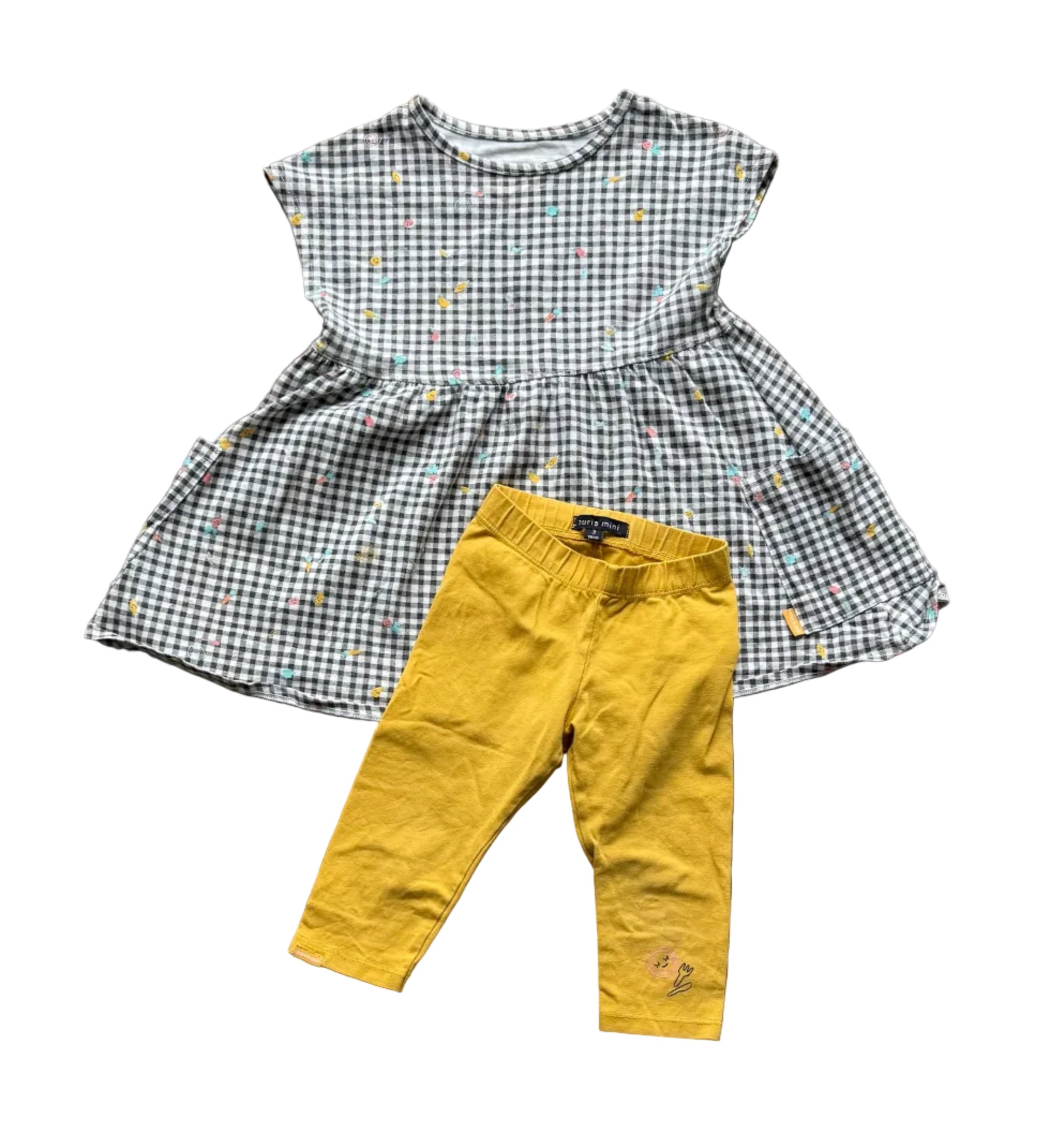 Ensemble bébé 2-3 ans : robe damier à manches + pantalon jaune