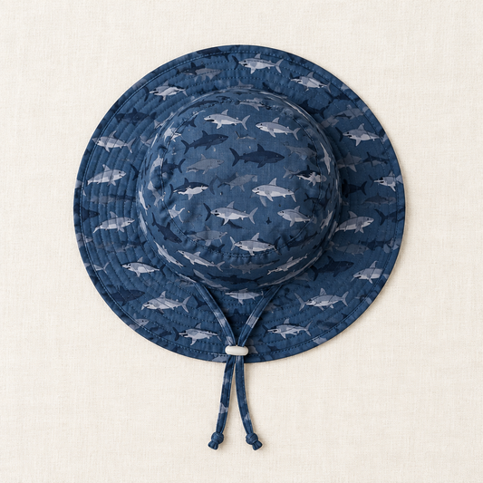Chapeau bébé bleu marine à motif animaux, bord large et cordons à nouer