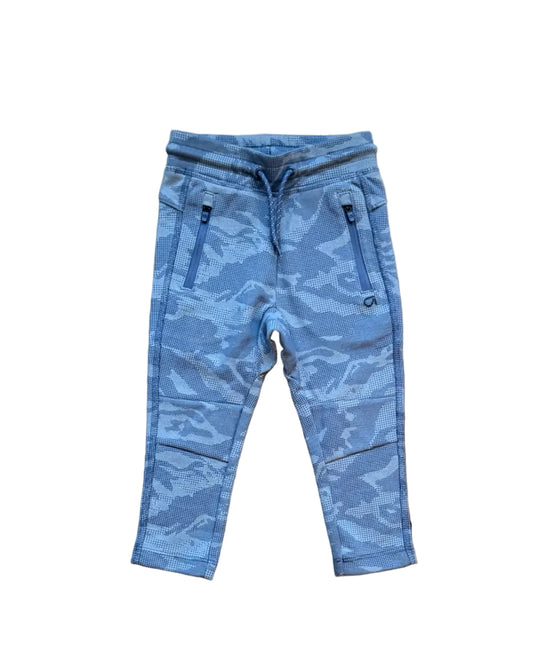 Pantalon bébé camouflage bleu, taille élastique et cordon, poches zippées