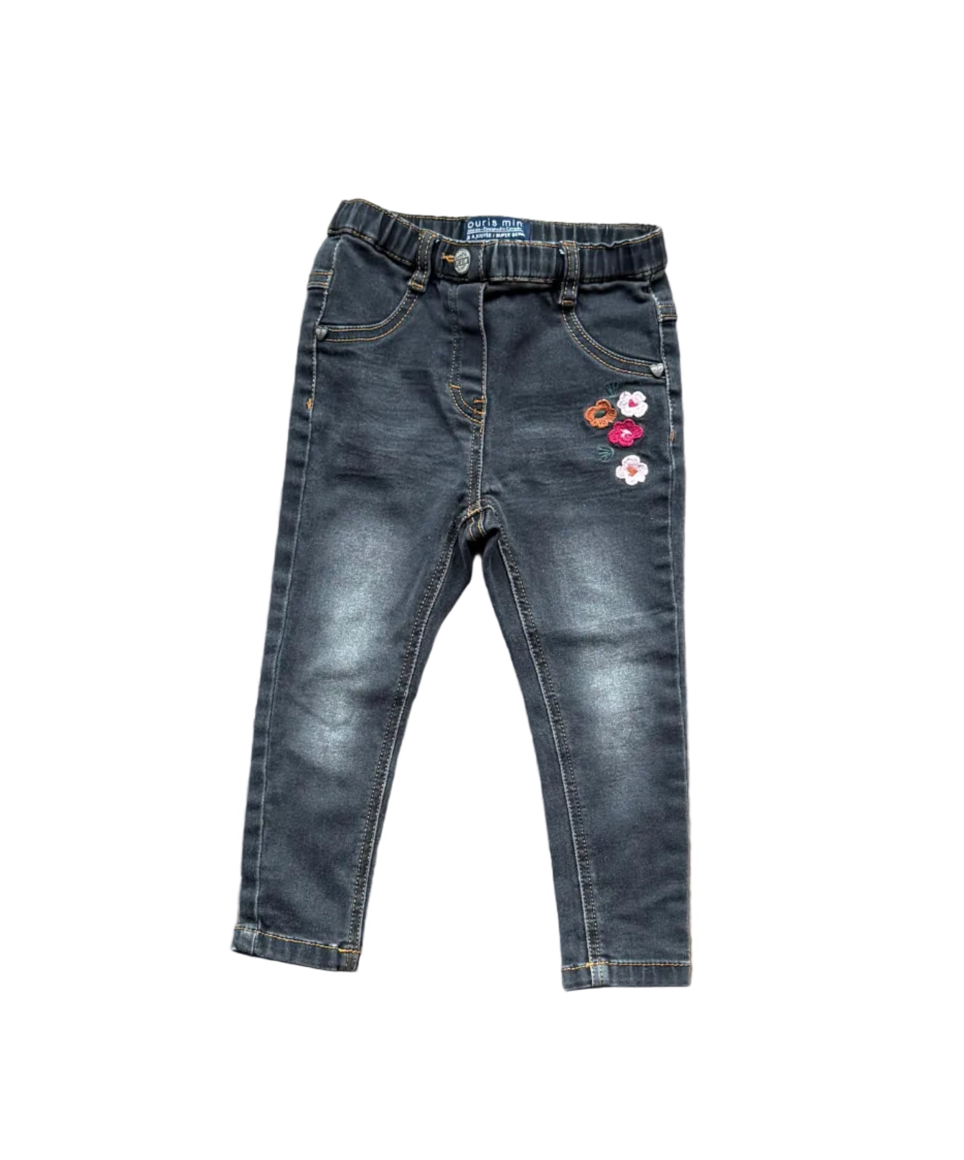 Jean enfant 18-24 mois anthracite, taille élastique, fleurs brodées sur la jambe